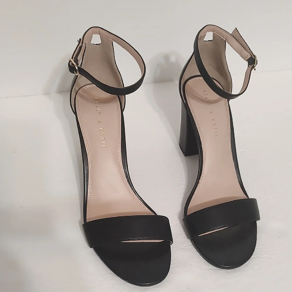 Black Faux Leather Kelly & Katie Ankle Wrap Heels Open Toe Sz 10